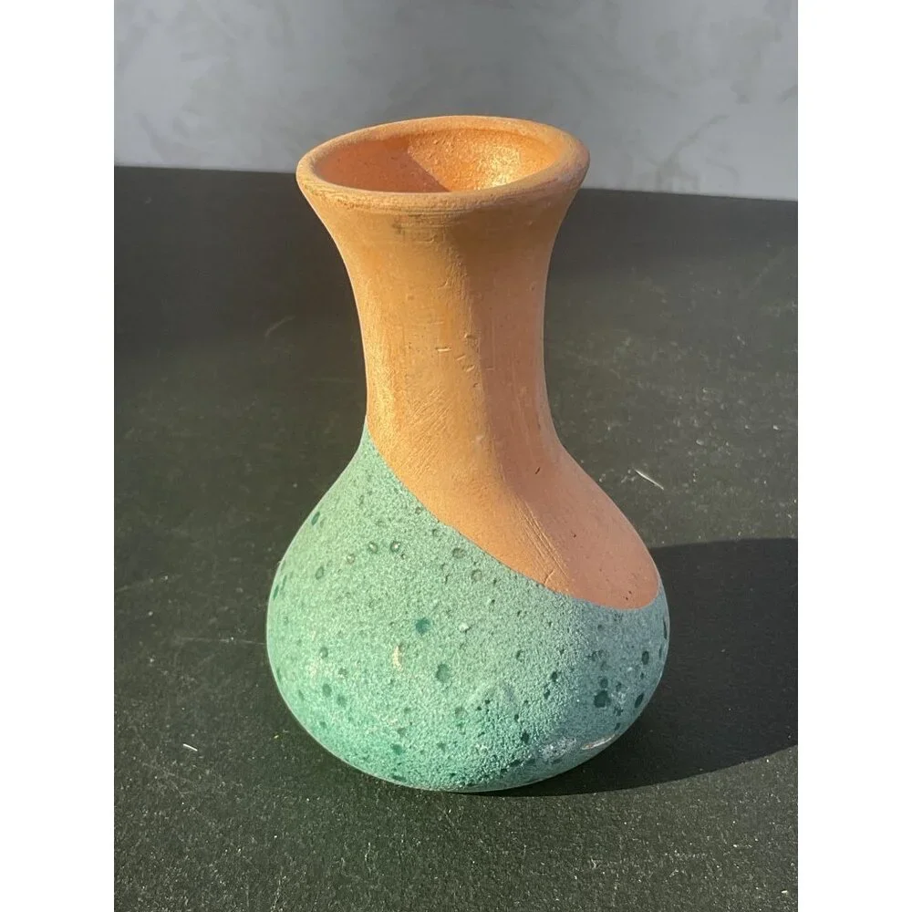 Handcrafted Ceramic Bud Vase With Textured Green & Natural Terracotta Finish